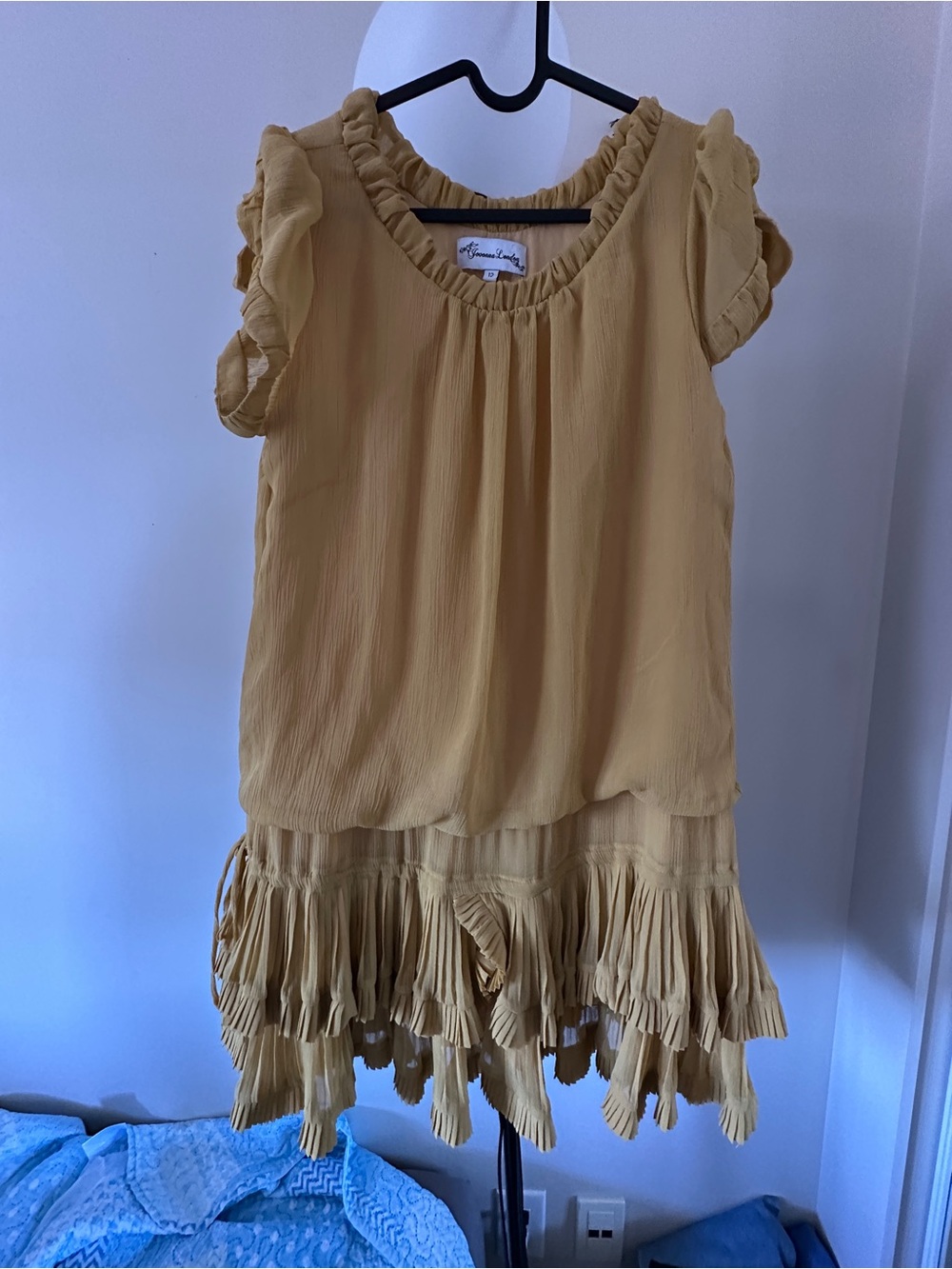 Mustard Ruffle Sleeve Fringe Hem Dress